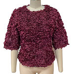 Stylish women's top with 3D floral embellishments in deep burgundy, featuring a round neckline and puffed sleeves, perfect for special occasions.