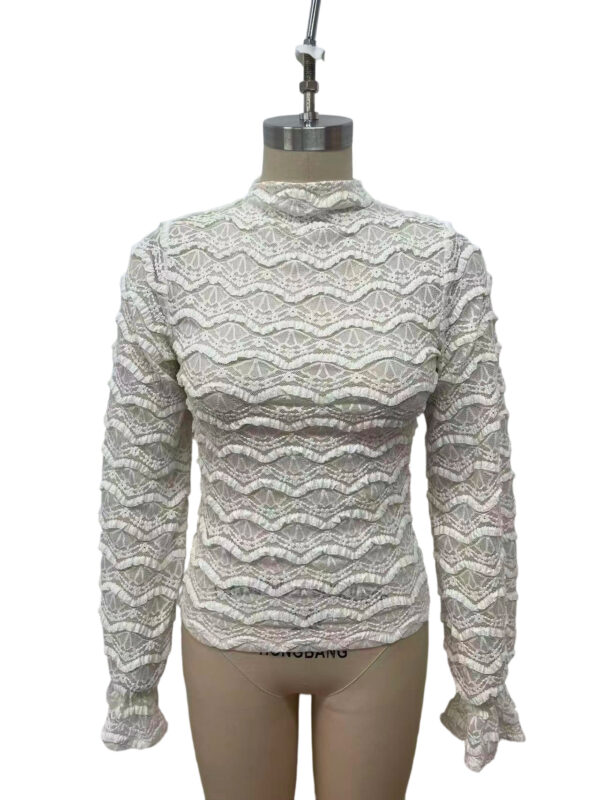 Women's lace long sleeve blouse with intricate pattern, perfect for stylish occasions and fashion-forward outfits.