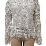 Elegant white lace blouse with intricate patterns, long sleeves, and scalloped hem, perfect for formal or special occasions.