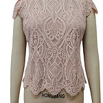 Elegant pink lace top with intricate patterns, short sleeves, and scalloped hem, perfect for stylish occasions and summer wear.
