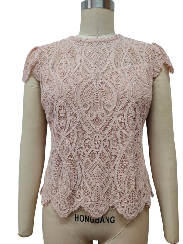 Elegant pink lace top with intricate patterns, short sleeves, and scalloped hem, perfect for stylish occasions and summer wear.