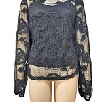 Stylish black lace long sleeve top with floral embroidery, perfect for fashion-forward women seeking a sophisticated look.