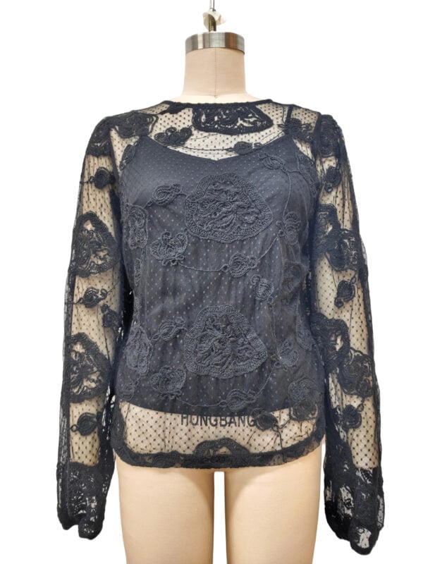Stylish black lace long sleeve top with floral embroidery, perfect for fashion-forward women seeking a sophisticated look.