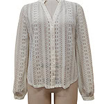 Elegant white lace blouse with intricate crochet pattern, long sleeves, and a V-neckline, perfect for stylish casual or formal wear.