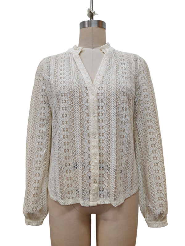 Elegant white lace blouse with intricate crochet pattern, long sleeves, and a V-neckline, perfect for stylish casual or formal wear.
