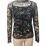 Women's black sheer blouse with floral print, long sleeves, and round neckline, perfect for stylish occasions and evening wear.