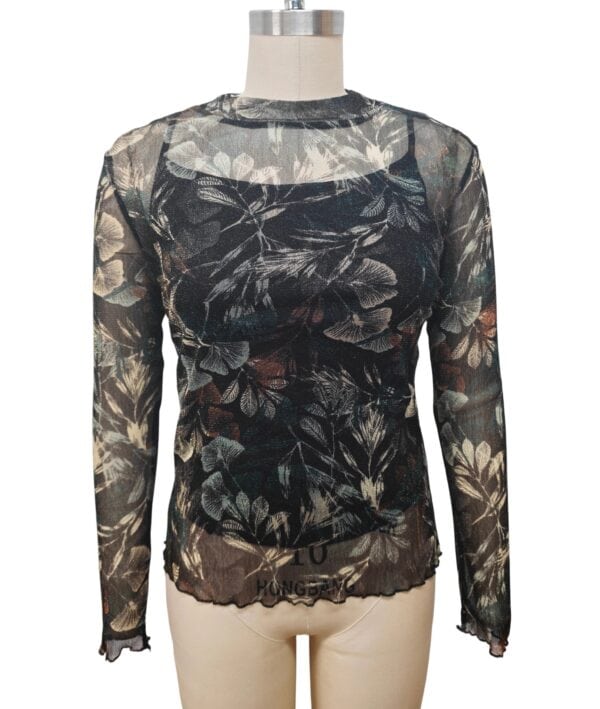 Women's black sheer blouse with floral print, long sleeves, and round neckline, perfect for stylish occasions and evening wear.
