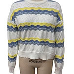 Lightweight casual knit sweater featuring horizontal yellow, blue, and white stripes, perfect for spring and fall wear.