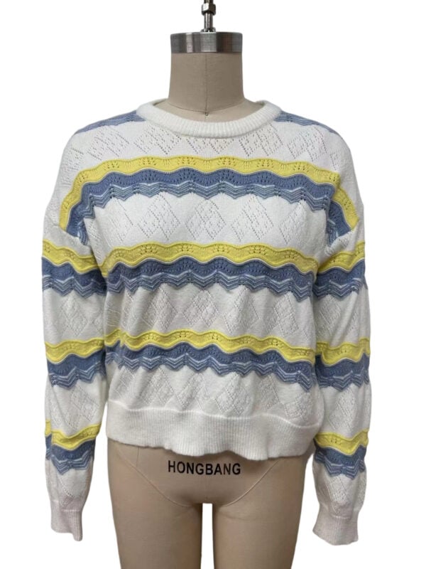 Lightweight casual knit sweater featuring horizontal yellow, blue, and white stripes, perfect for spring and fall wear.
