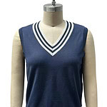 Elegant navy blue sleeveless V-neck sweater vest with white striped accents, perfect for casual or semi-formal wear.