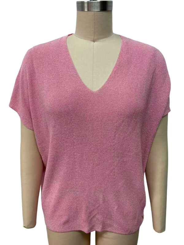 Pink V-neck knit sweater for women, casual and stylish, perfect for fall and winter wear, displayed on a mannequin.