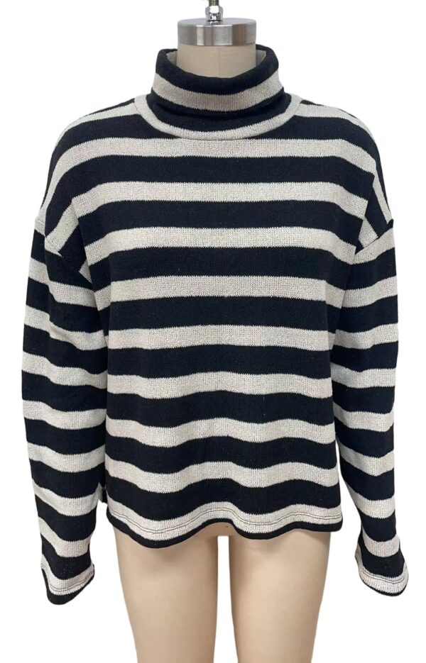 Women's black and white striped turtleneck sweater, cozy and stylish, perfect for fall and winter fashion.