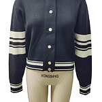 Elegant navy blue cardigan with white striped accents on sleeves and hem, featuring a round neckline and button closure, perfect for casual or semi-formal wear.