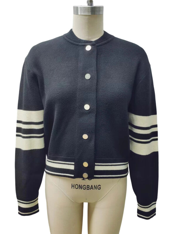 Elegant navy blue cardigan with white striped accents on sleeves and hem, featuring a round neckline and button closure, perfect for casual or semi-formal wear.