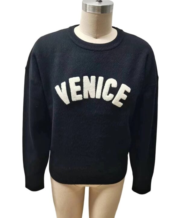 Black sweatshirt with 'Venice' text in white, casual style, perfect for everyday wear, made from comfortable fabric.
