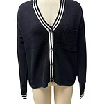 Elegant navy blue women's cardigan with white striped trim, V-neck, button closure, and a chest pocket, perfect for casual or office wear.