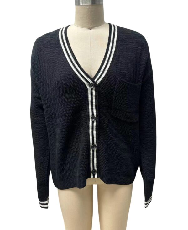 Elegant navy blue women's cardigan with white striped trim, V-neck, button closure, and a chest pocket, perfect for casual or office wear.