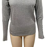 Stylish grey sweater featuring puff shoulders and button details on the sleeves, perfect for casual or office wear.