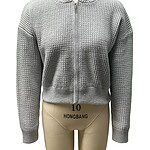 Stylish gray knit zip-up hoodie with a hood, perfect for casual wear and layering, featuring a textured pattern and ribbed cuffs.
