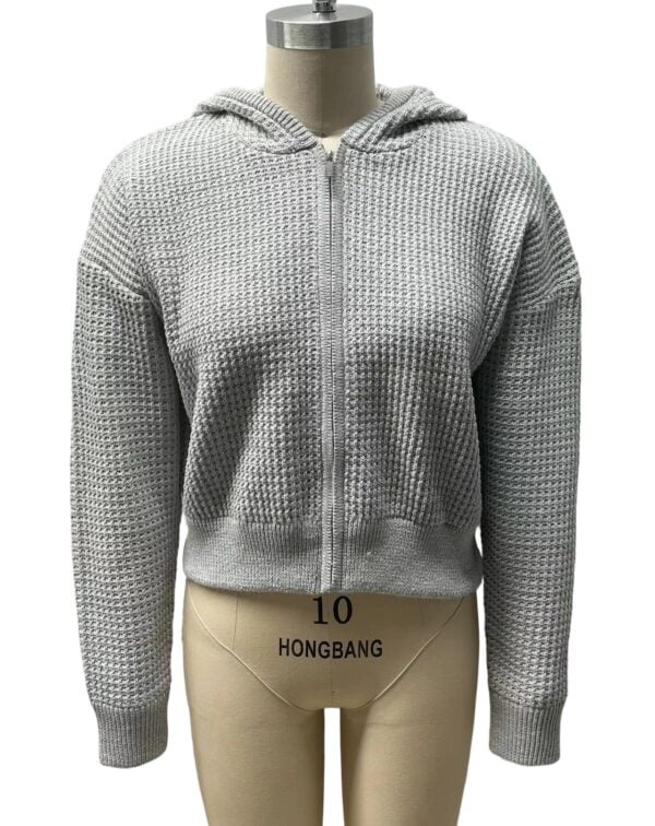 Stylish gray knit zip-up hoodie with a hood, perfect for casual wear and layering, featuring a textured pattern and ribbed cuffs.