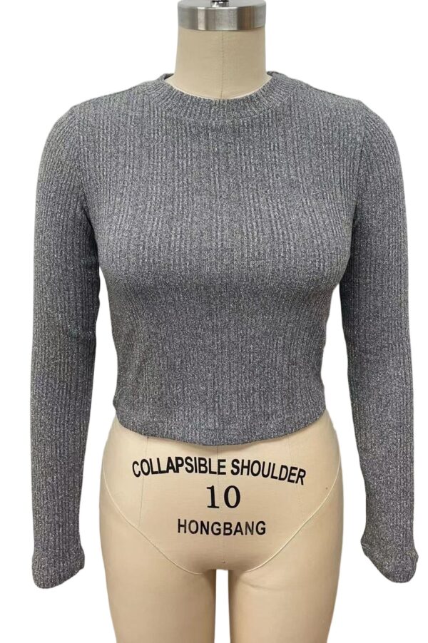 Gray ribbed long sleeve crop top displayed on a mannequin, perfect for casual or stylish winter outfits.