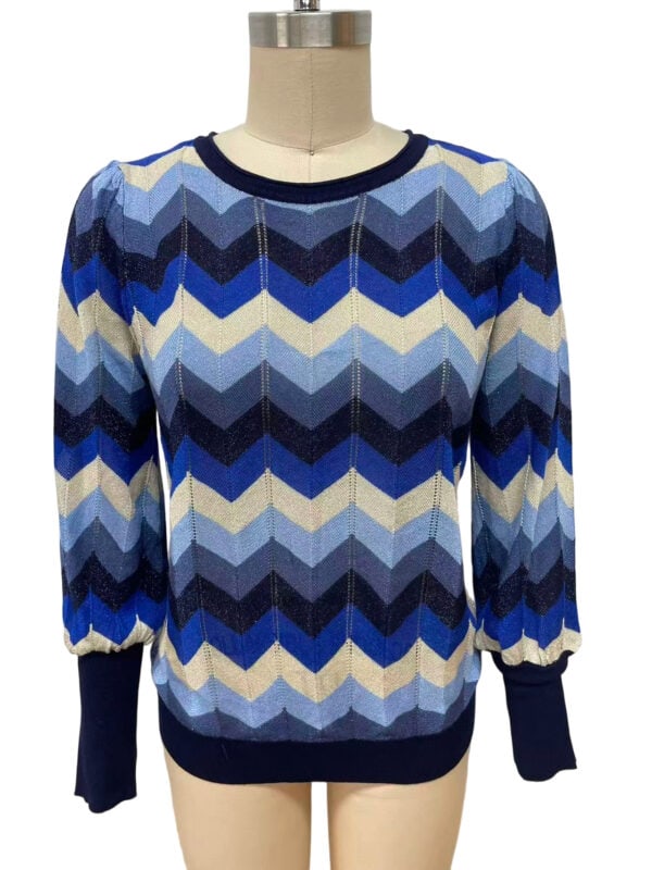 Stylish women's sweater with a blue chevron pattern, long sleeves, and ribbed cuffs and hem, perfect for casual or office wear.