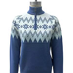 Blue Nordic pattern fleece sweater with a half-zip collar, ideal for winter and cold weather, featuring snowflake and geometric designs.