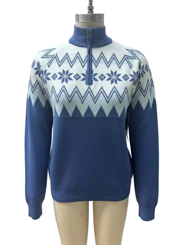 Blue Nordic pattern fleece sweater with a half-zip collar, ideal for winter and cold weather, featuring snowflake and geometric designs.