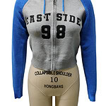 Gray and blue zip-up hoodie with.