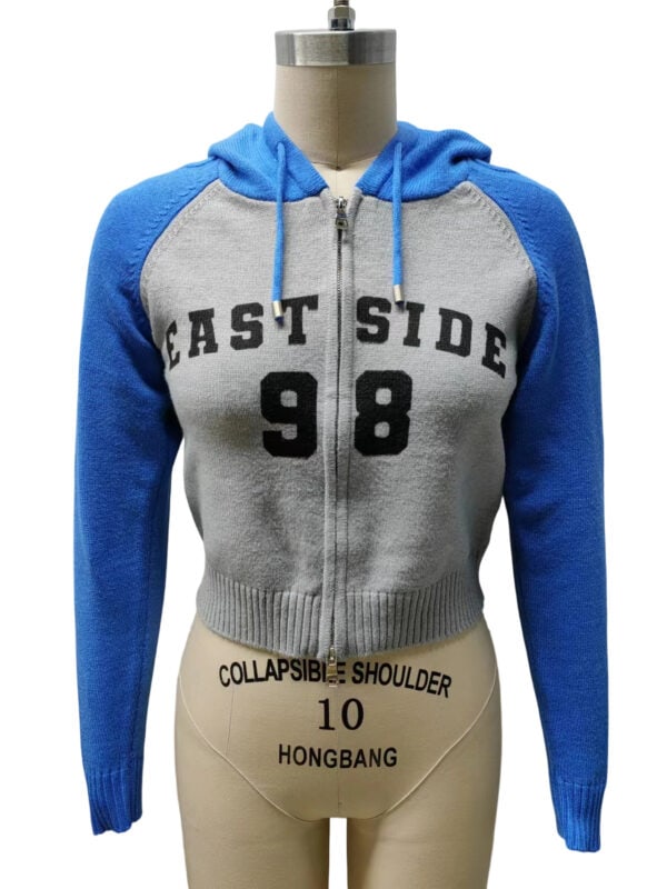 Gray and blue zip-up hoodie with.