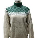 Women's cozy knit sweater with turtleneck, green and beige color, featuring a snowflake pattern, perfect for fall and winter fashion.