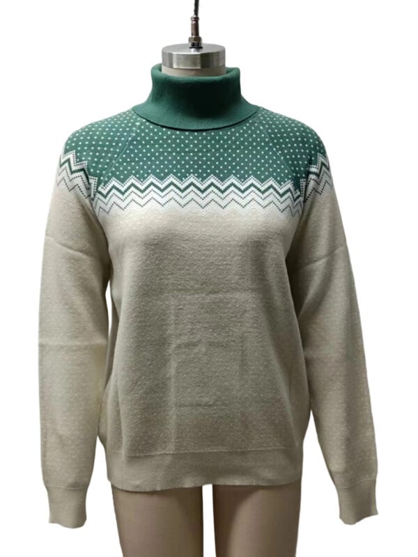 Women's cozy knit sweater with turtleneck, green and beige color, featuring a snowflake pattern, perfect for fall and winter fashion.