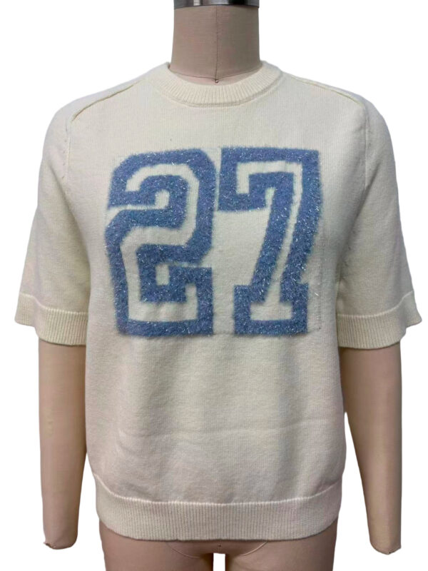 White casual sweater featuring a large blue number 27 on the front, perfect for sporty or relaxed fashion styles.