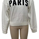White sweatshirt with bold black 'PARIS' lettering, perfect for casual wear and street style fashion.
