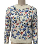 Cream-colored women's sweater with a vibrant floral pattern in blue, pink, and black, featuring long sleeves and a round neckline, perfect for casual wear.