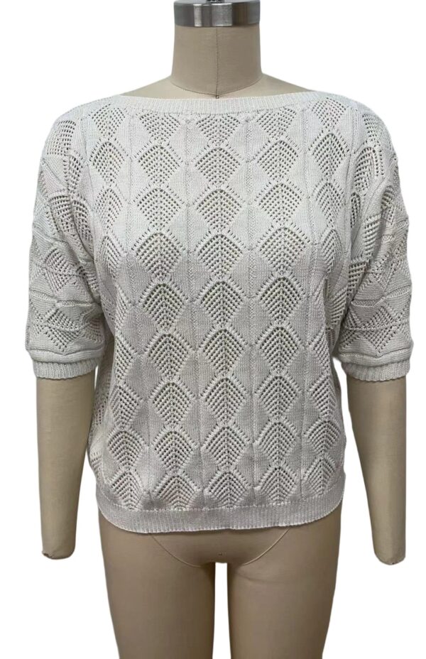 White women's knit sweater with geometric pattern, casual and stylish, perfect for fall and winter wear.