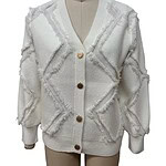 Elegant white knit cardigan with textured geometric patterns, V-neck, and button closure, perfect for stylish casual wear.