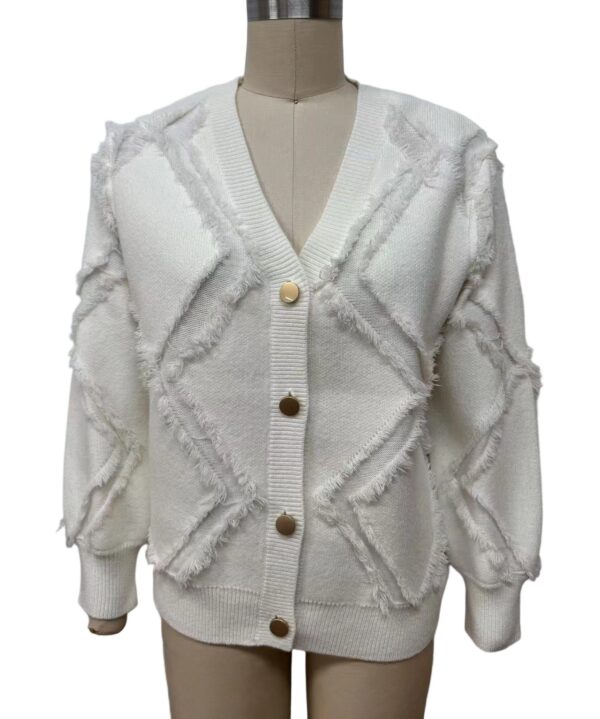 Elegant white knit cardigan with textured geometric patterns, V-neck, and button closure, perfect for stylish casual wear.