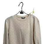 Light gray women's sweater with small decorative dots, long sleeves, and a round neckline, hanging on a black hanger.