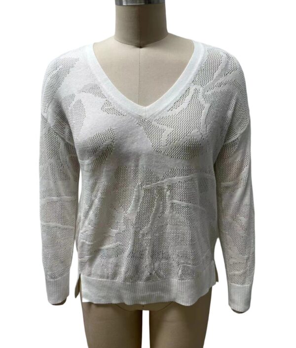 White V-neck sweater with a subtle textured pattern, perfect for casual or semi-formal wear, made from lightweight, breathable fabric.