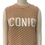 Beige knitted sleeveless sweater with white 'ICONIC' text across the chest, featuring a textured pattern and ribbed neckline and hem, displayed on a mannequin.