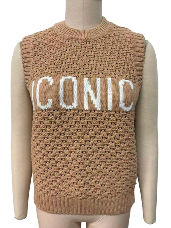 Beige knitted sleeveless sweater with white 'ICONIC' text across the chest, featuring a textured pattern and ribbed neckline and hem, displayed on a mannequin.
