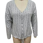 Women's grey cardigan with black polka dots, V-neck, button-up front, and drawstring hem, suitable for casual and office wear.