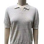 Light grey women's polo sweater with short sleeves, V-neck collar, and ribbed hem, perfect for casual wear and layering.