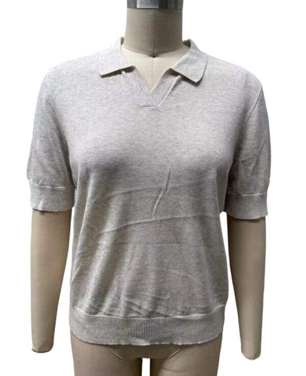 Light grey women's polo sweater with short sleeves, V-neck collar, and ribbed hem, perfect for casual wear and layering.