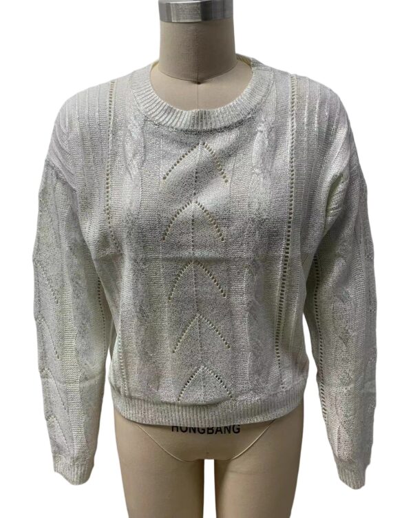 Stylish silver knit sweater with intricate patterns, perfect for casual or formal wear, displayed on a mannequin for fashion showcase.