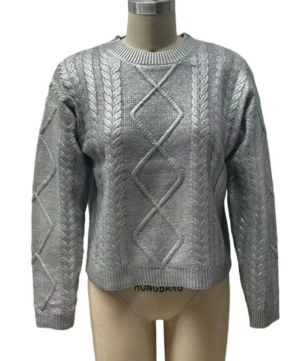 Men's gray cable knit sweater with intricate patterns, perfect for winter fashion, displayed on a mannequin at NB Fish Fashion.