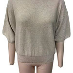 Beige women's knit sweater with a relaxed fit and short sleeves, perfect for casual or office wear, displayed on a mannequin.