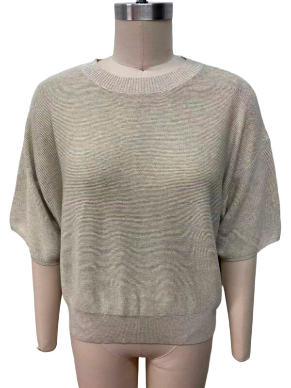 Beige women's knit sweater with a relaxed fit and short sleeves, perfect for casual or office wear, displayed on a mannequin.