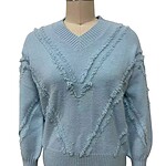 Light blue women's sweater with textured, frayed diagonal lines and a V-neck, perfect for casual or stylish winter wear.